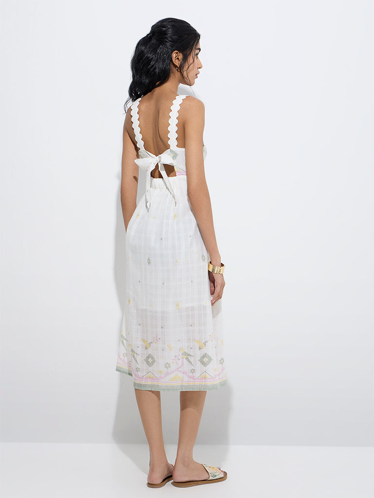 Westside Bombay Paisley Women's White Nature-Inspired Cotton A-Line Dress for Everyday Back View