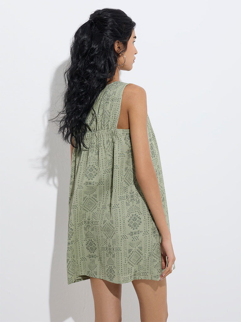 Westside Bombay Paisley Women's Sage Tribal-Inspire Cotton-Blend Shift Dress for Everyday Back View