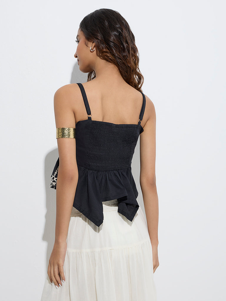 Westside Bombay Paisley Women's Black Embroidered Cotton Top for Everyday Back View