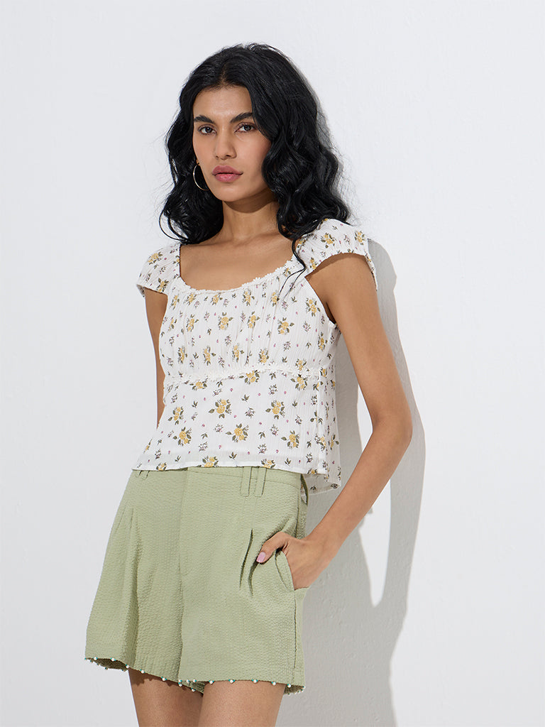 Westside Bombay Paisley Women's White Floral Printed Cotton Top for Everyday Front View