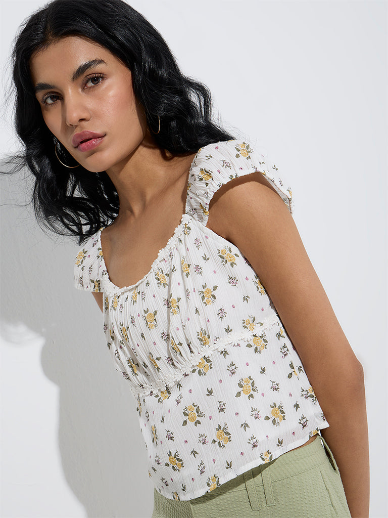 Westside Bombay Paisley Women's White Floral Printed Cotton Top for Everyday Zoom View