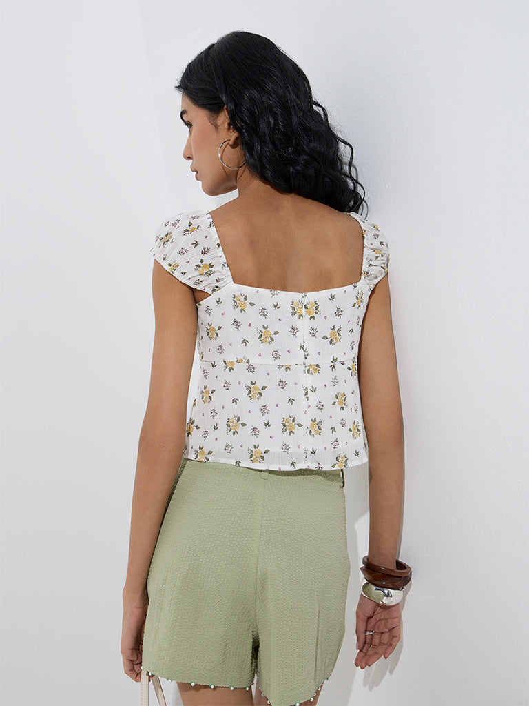 Westside Bombay Paisley Women's White Floral Printed Cotton Top for Everyday Back View