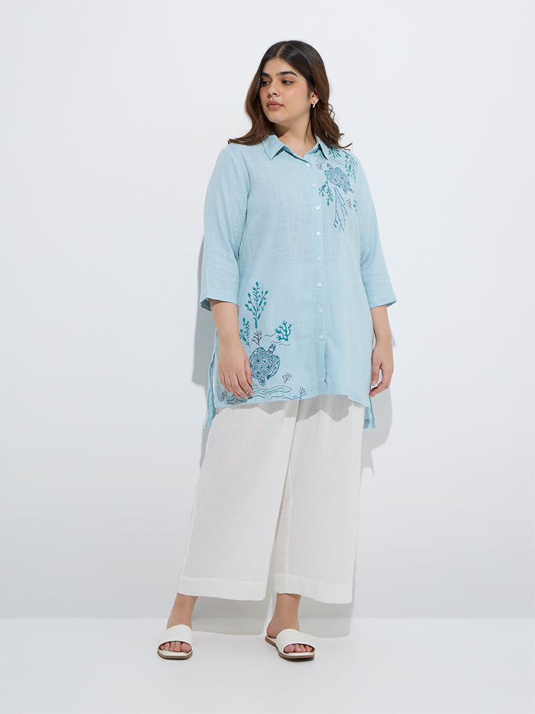 westisde Diza Women's Aqua Embroidered High-Low Tunic for Work Wear Full Model View