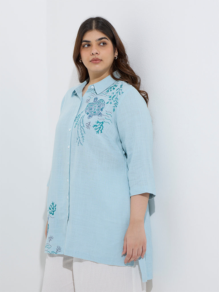 westisde Diza Women's Aqua Embroidered High-Low Tunic for Work Wear Front View