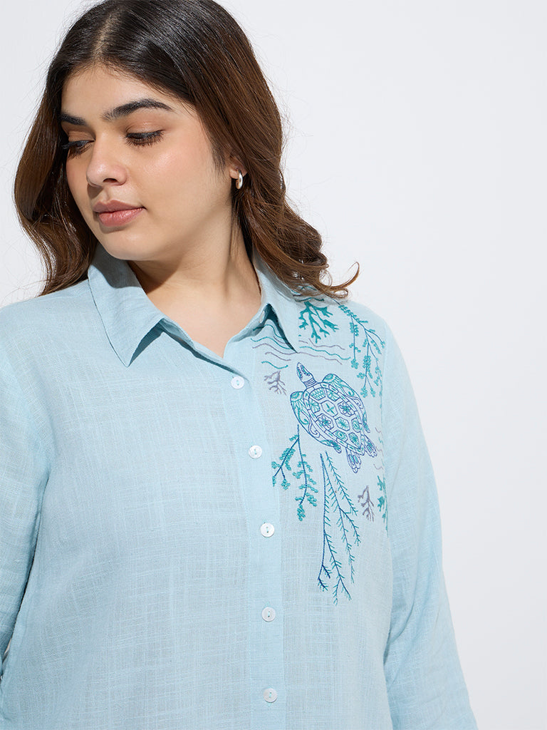 westisde Diza Women's Aqua Embroidered High-Low Tunic for Work Wear Zoom View