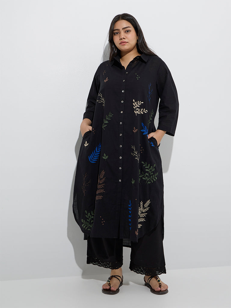 BLACK LEAF MOTIF TRENCH STYLE KURTA