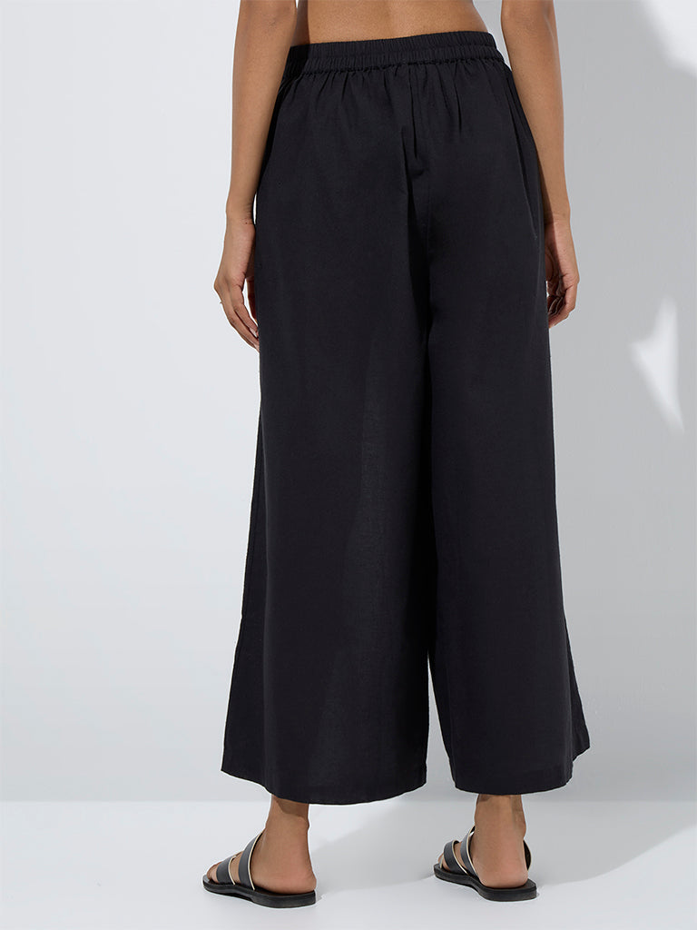 westisde Utsa Women's Black Solid Cotton-Blend Ethnic Pants for Everyday Back View