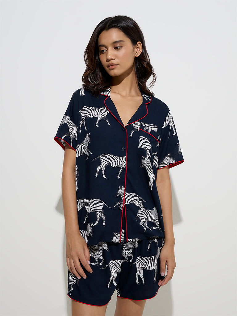 Wunderlove Navy Animal Design Cotton Shirt and Shorts Set