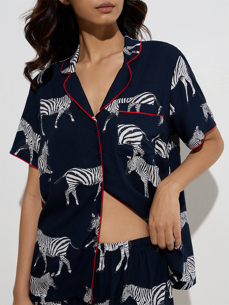 Wunderlove Navy Animal Design Cotton Shirt and Shorts Set