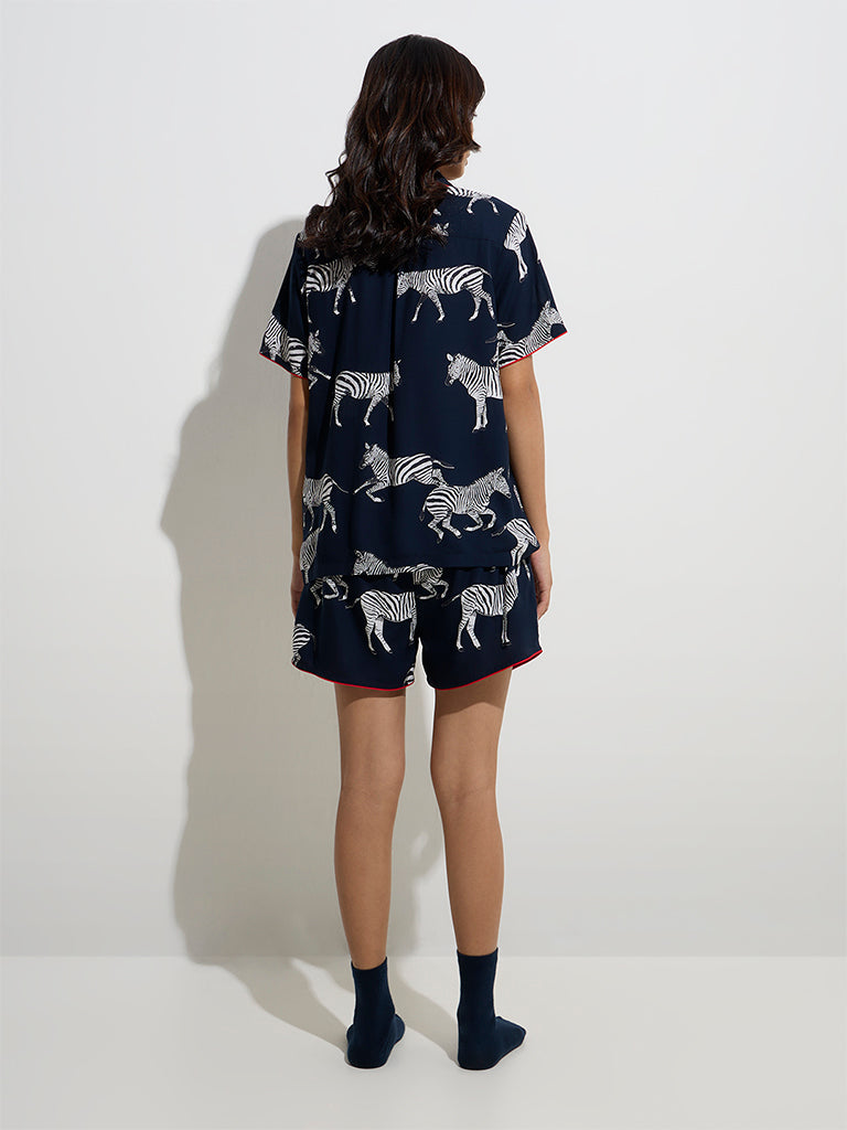 westisde Wunderlove Women's Navy Animal Design Cotton Shirt and Shorts Set for Casual Wear Back View