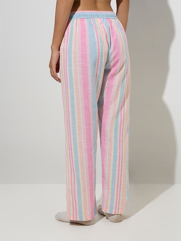 westisde Wunderlove Women's Pink Striped Mid-Rise Cotton Lounge Pants for Casual Wear Back View