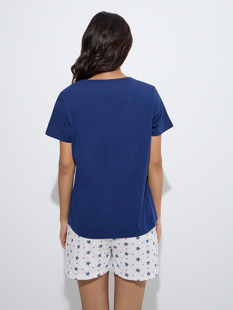 westisde Wunderlove Women's Navy Printed Cotton T-Shirt for Casual Wear Back View