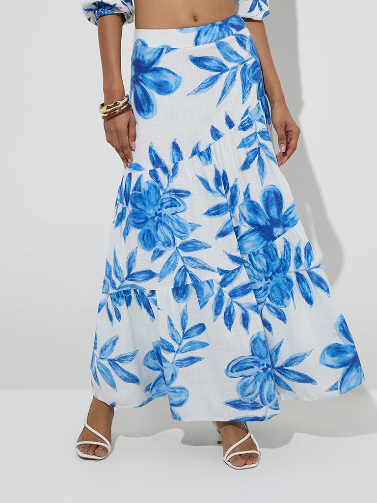 LOV Blue Foliage-Inspired High-Rise Skirt