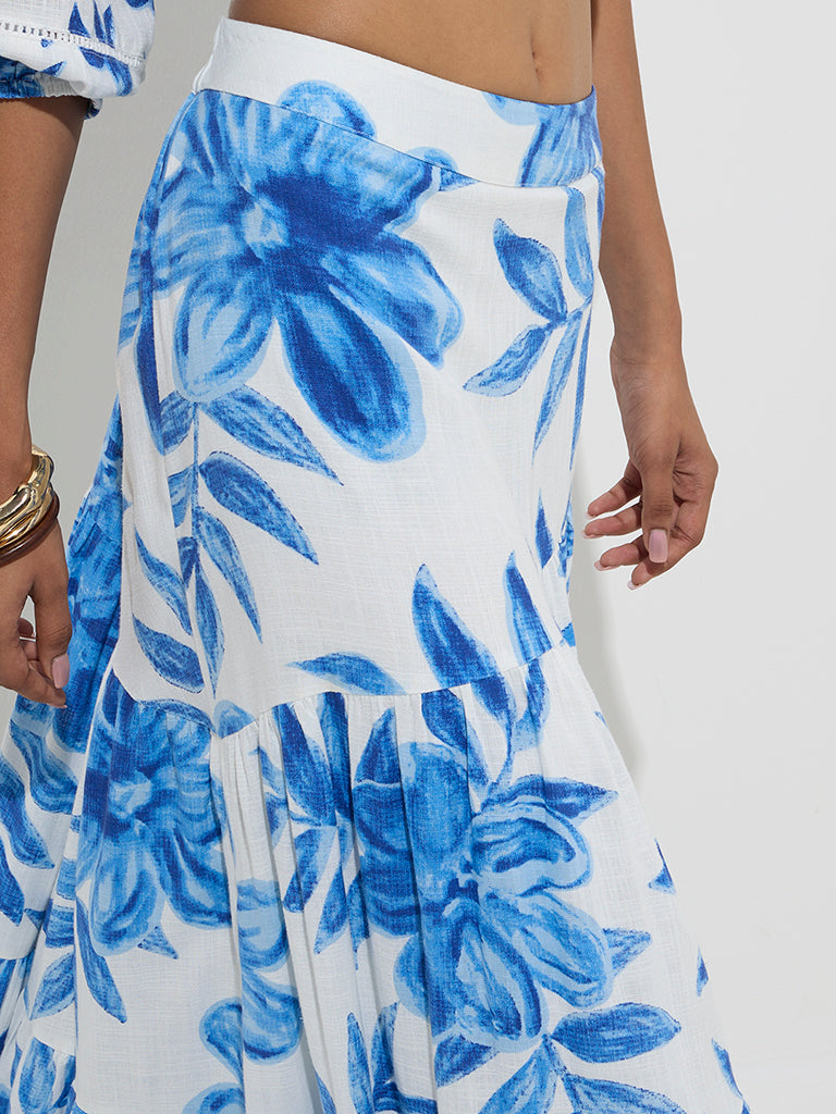 LOV Blue Foliage-Inspired High-Rise Skirt