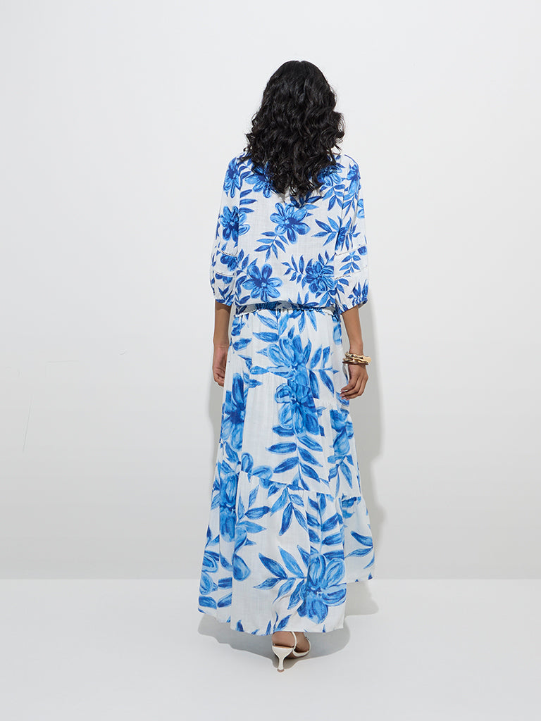 westisde LOV Women's Blue Foliage-Inspired High-Rise Skirt for Casual Wear Back View