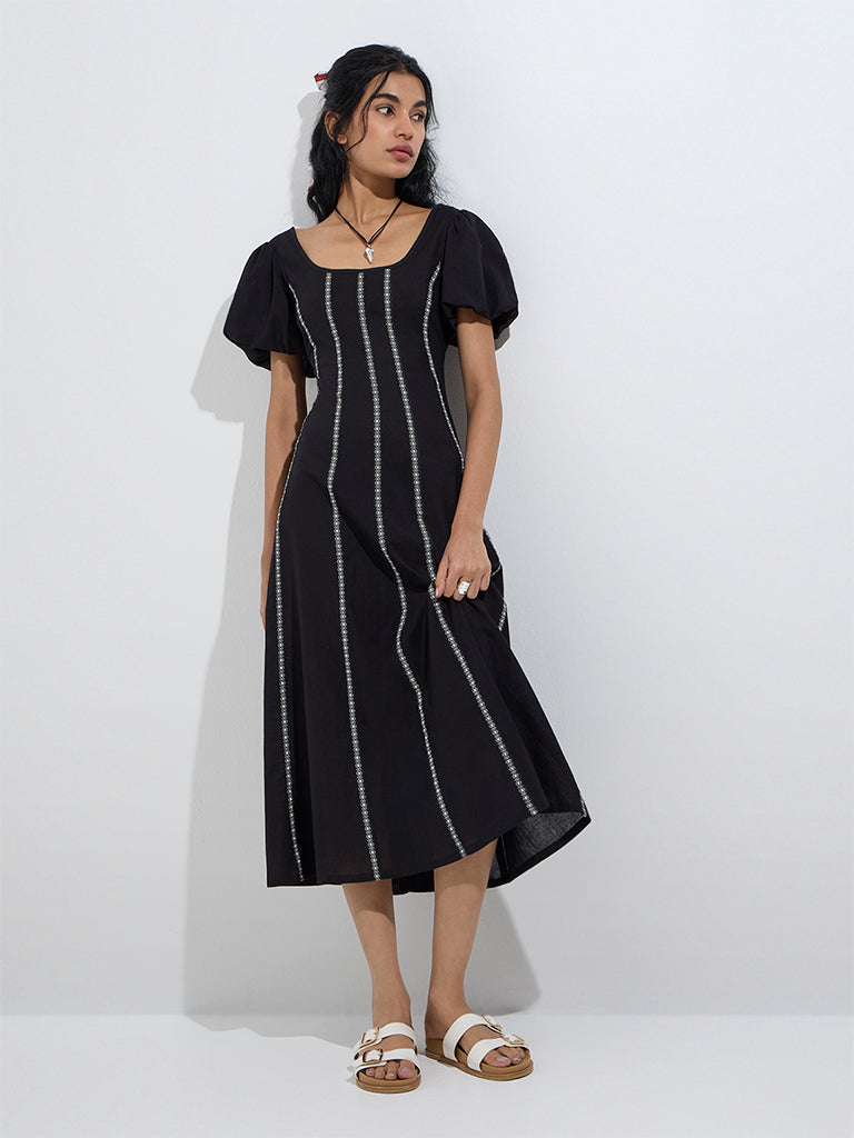 Westside Bombay Paisley Women's Black Embroidered Cotton-Blend A-Line Dress for Everyday Full Model View