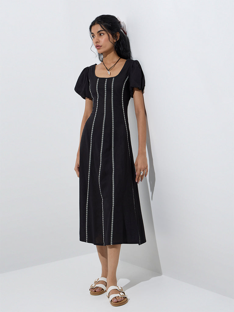 Westside Bombay Paisley Women's Black Embroidered Cotton-Blend A-Line Dress for Everyday Front View