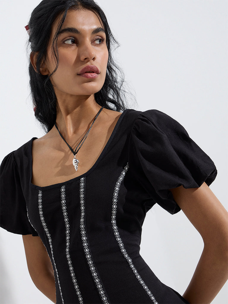 Westside Bombay Paisley Women's Black Embroidered Cotton-Blend A-Line Dress for Everyday Zoom View