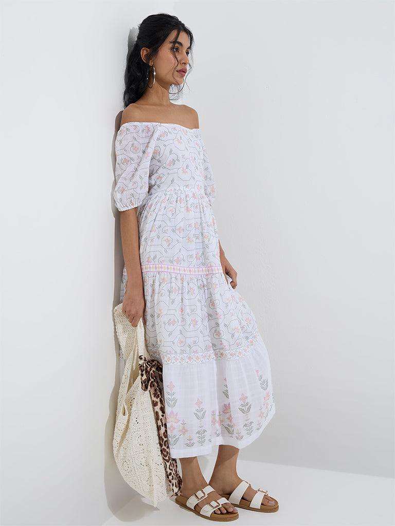 Westside Bombay Paisley Women's White Floral Pattern Cotton Tiered Dress for Everyday Full Model View
