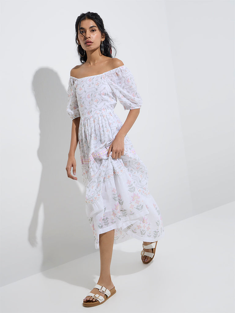 Westside Bombay Paisley Women's White Floral Pattern Cotton Tiered Dress for Everyday Front View