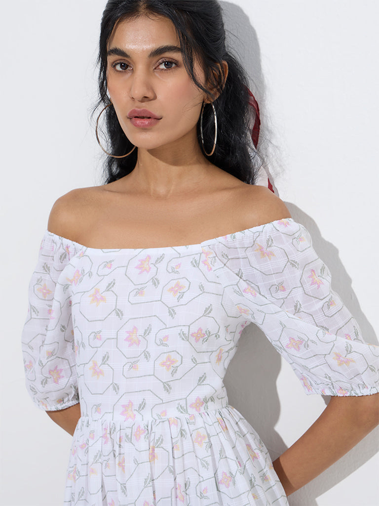 Westside Bombay Paisley Women's White Floral Pattern Cotton Tiered Dress for Everyday Zoom View