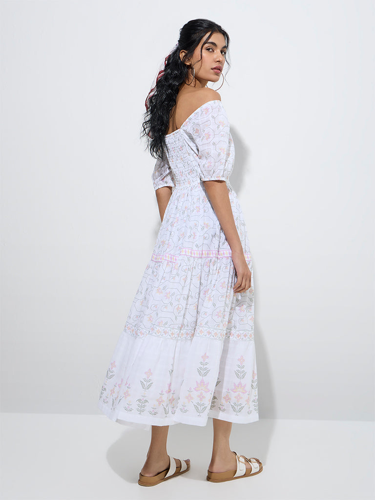 Westside Bombay Paisley Women's White Floral Pattern Cotton Tiered Dress for Everyday Back View