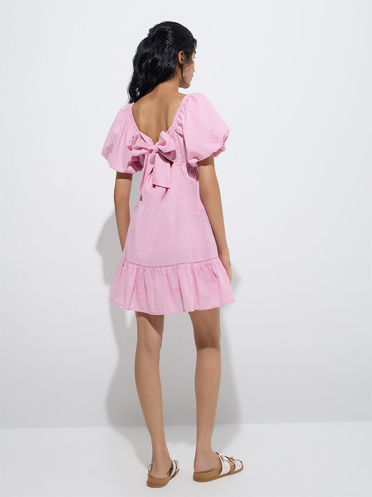 Westside Bombay Paisley Women's Pink Embroidered A-Line Dress for Everyday Back View