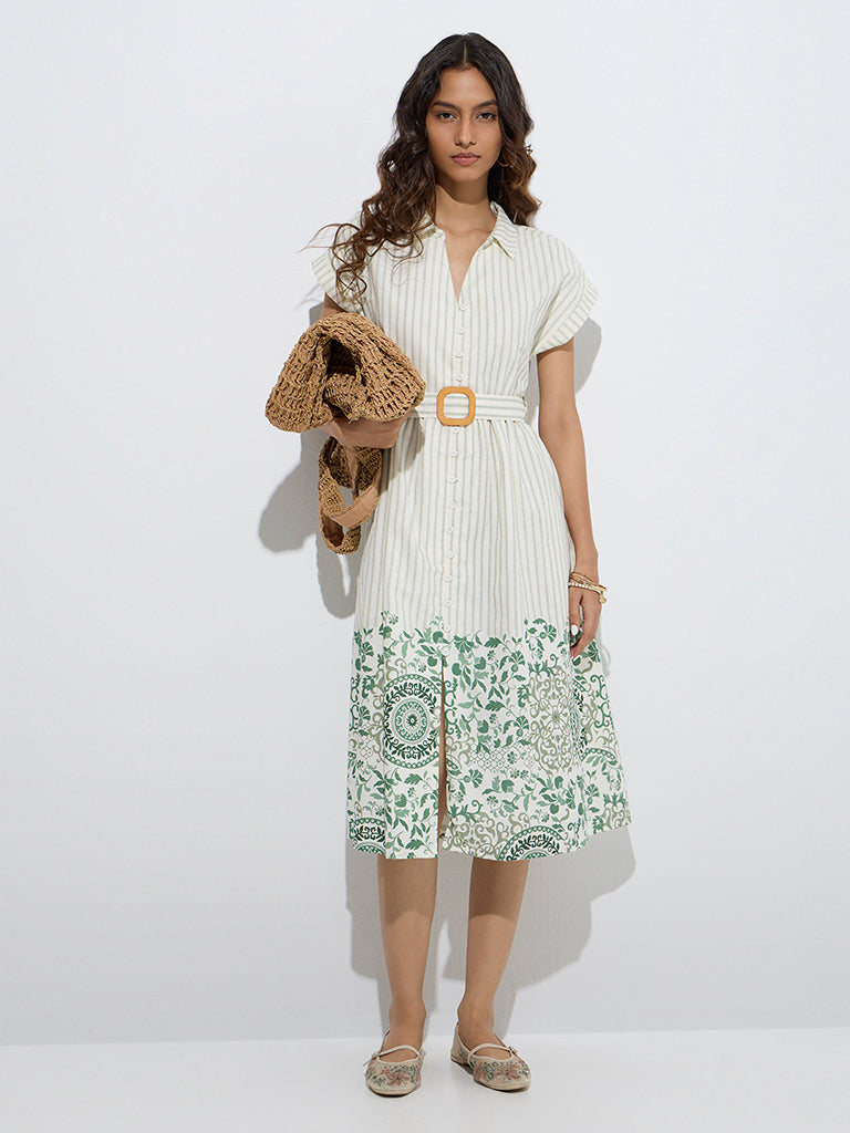 Westside Bombay Paisley Women's Green Cotton-Blend Shirt Dress with Belt for Everyday Full Model View
