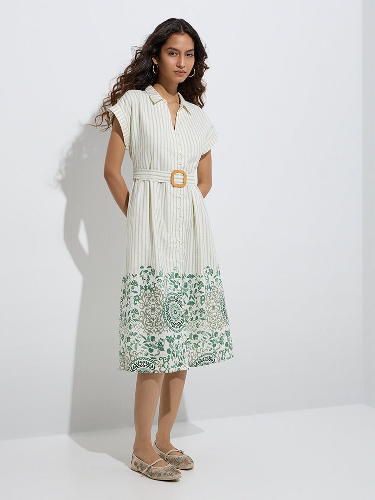 Westside Bombay Paisley Women's Green Cotton-Blend Shirt Dress with Belt for Everyday Front View