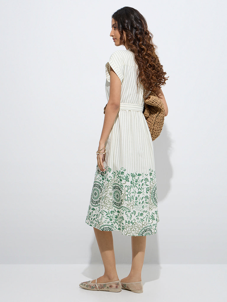 Westside Bombay Paisley Women's Green Cotton-Blend Shirt Dress with Belt for Everyday Back View