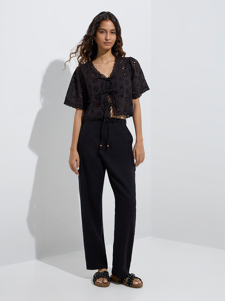 Buy Bombay Paisley Black Schiffli-Detailed Cotton Top from