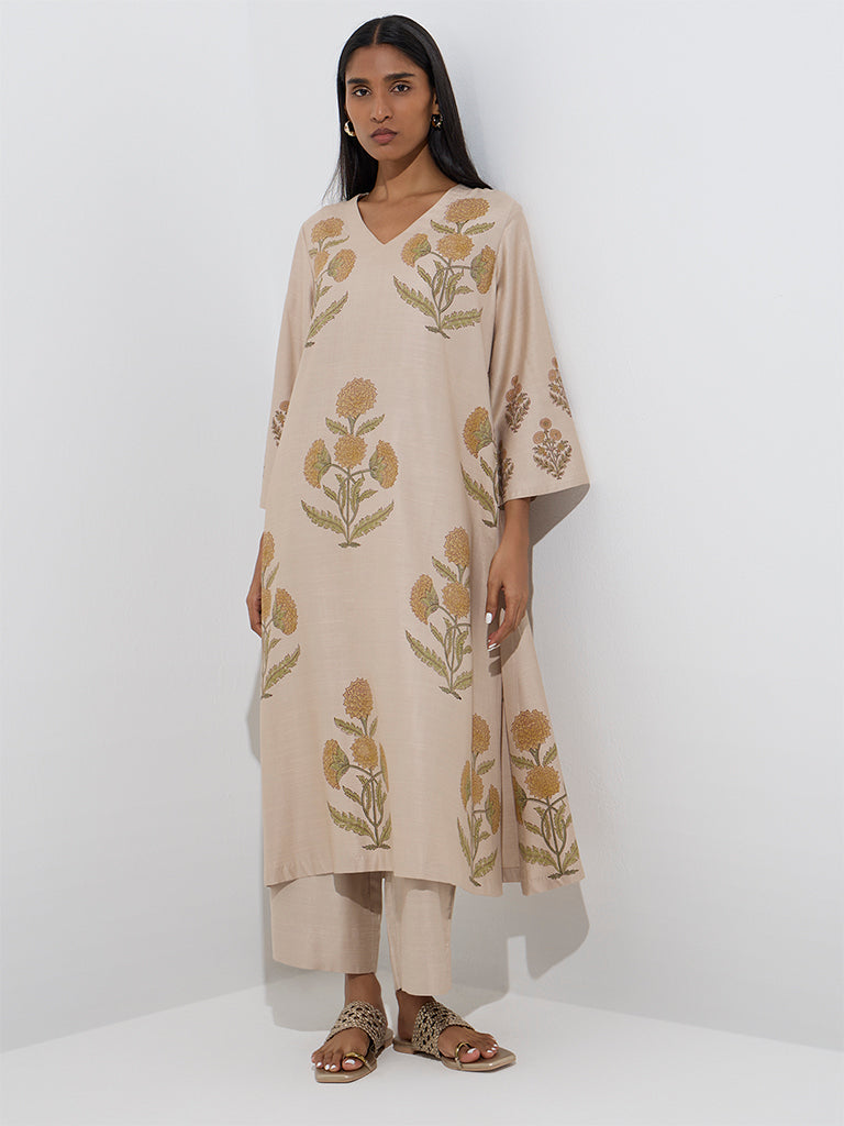 Westside Zuba Women's Yellow Floral Patterned A-Line Kurta for Work Wear Front View