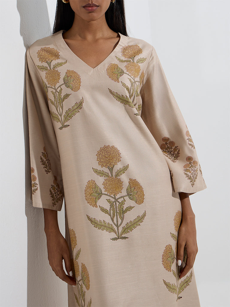 Westside Zuba Women's Yellow Floral Patterned A-Line Kurta for Work Wear Zoom View