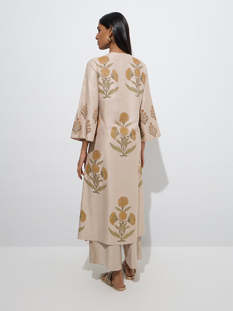 Westside Zuba Women's Yellow Floral Patterned A-Line Kurta for Work Wear Back View