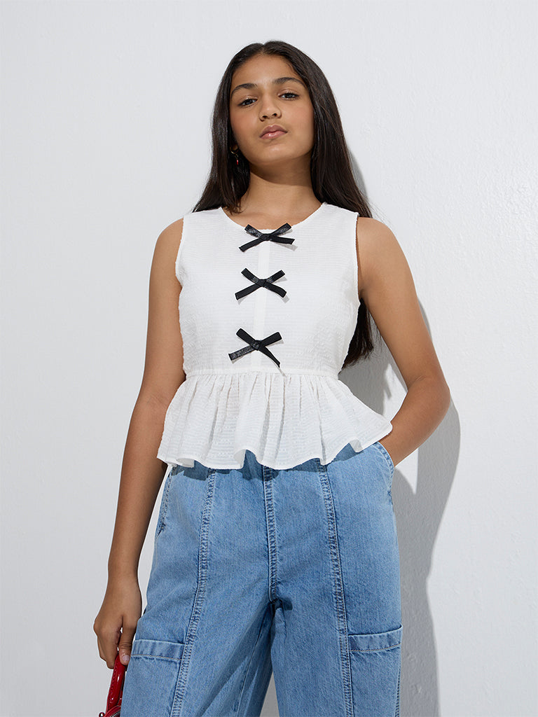 Buy Y&F Kids White Bow-Detailed Cotton Peplum Top from Westside