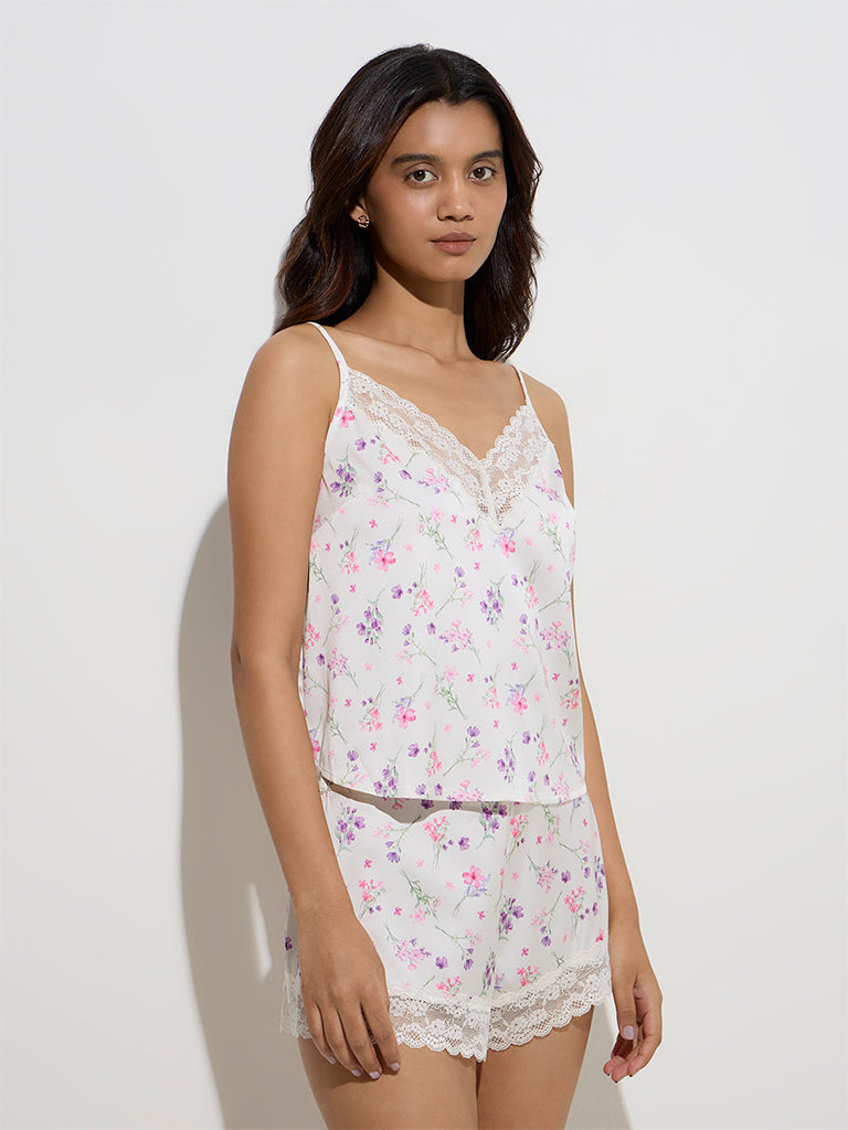 Wunderlove Ivory Floral Design Satin Top