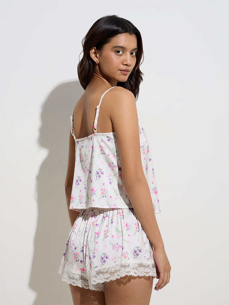 westisde Wunderlove Women's Ivory Floral Design Satin Top for Casual Wear Back View