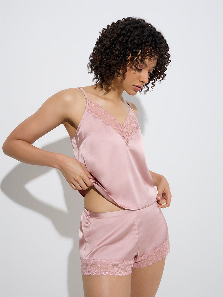 westisde Wunderlove Women's Dusty Pink Lace-Detailed Satin Camisole for Casual Wear Front View