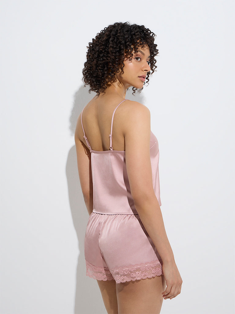 westisde Wunderlove Women's Dusty Pink Lace-Detailed Satin Camisole for Casual Wear Back View