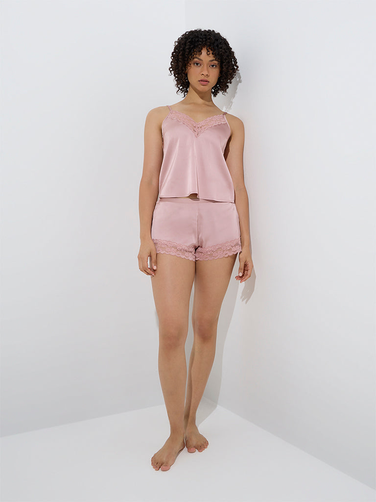 westisde Wunderlove Women's Dusty Pink Lace-Detailed Satin Shorts for Casual Wear Full Model View