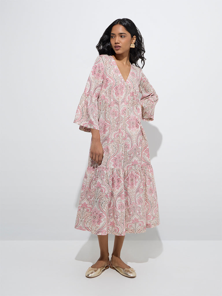 Westside Utsa Women's Peach Foliage Printed Cotton Tiered Dress for Work Wear Front View