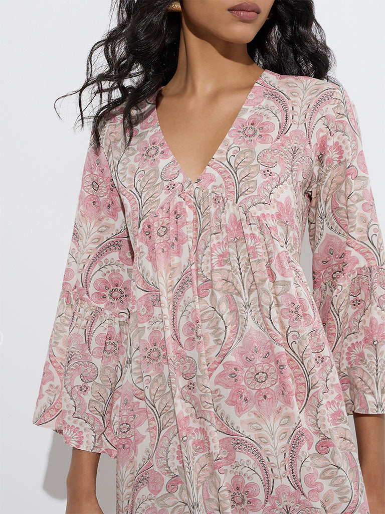 Westside Utsa Women's Peach Foliage Printed Cotton Tiered Dress for Work Wear Zoom View