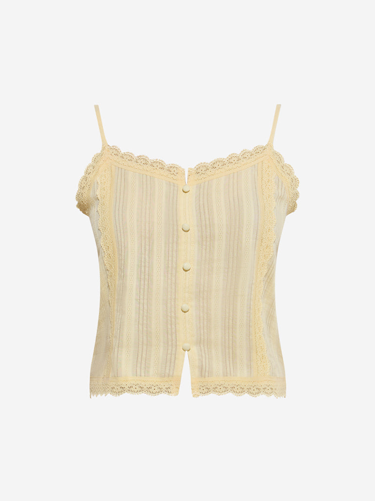 westisde Wunderlove Women's Yellow Lace-Detailed Cotton Camisole for Casual Wear Flatly View