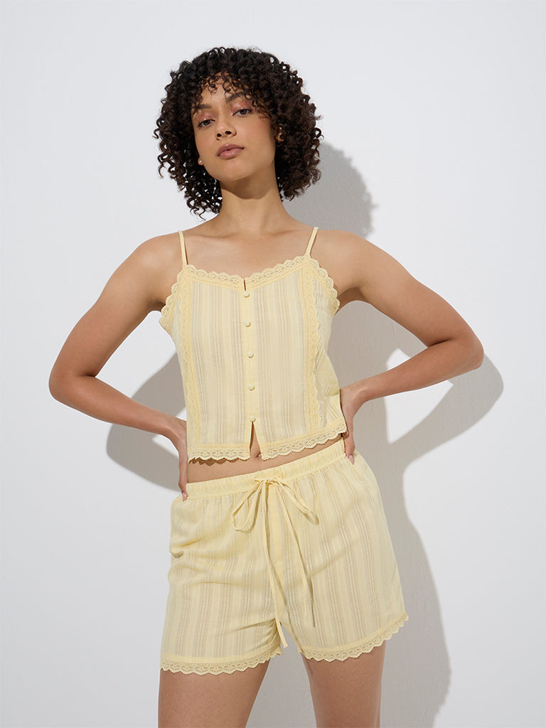 westisde Wunderlove Women's Yellow Lace-Detailed Cotton Camisole for Casual Wear Front View