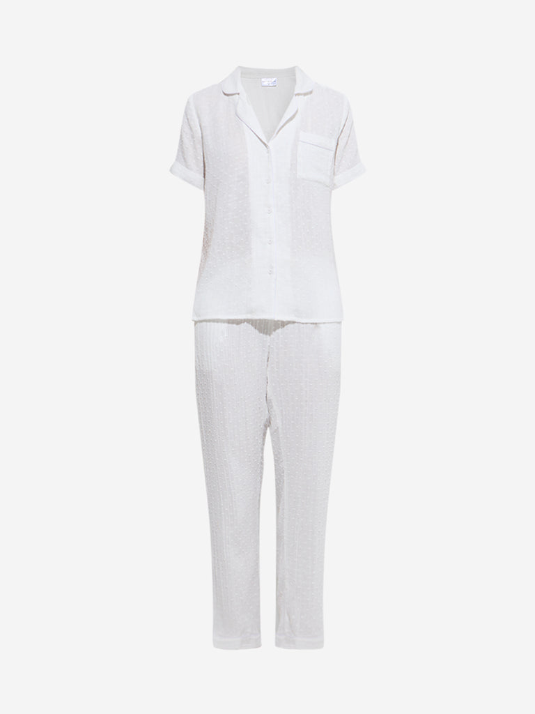westisde Wunderlove Women's White Swiss-Dot Cotton Shirt with Pyjamas Set for Casual Wear Flatly View