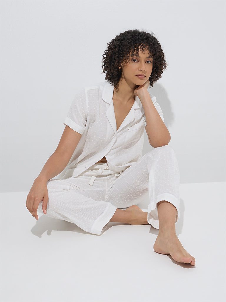 westisde Wunderlove Women's White Swiss-Dot Cotton Shirt with Pyjamas Set for Casual Wear Full Model View