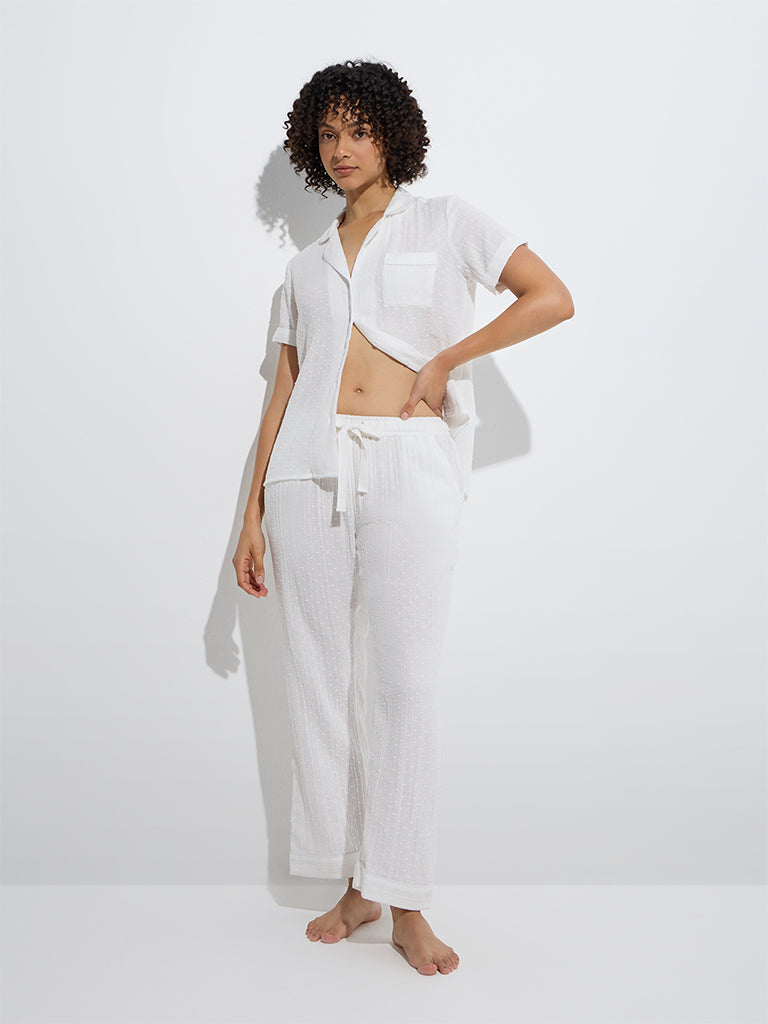 westisde Wunderlove Women's White Swiss-Dot Cotton Shirt with Pyjamas Set for Casual Wear Front View