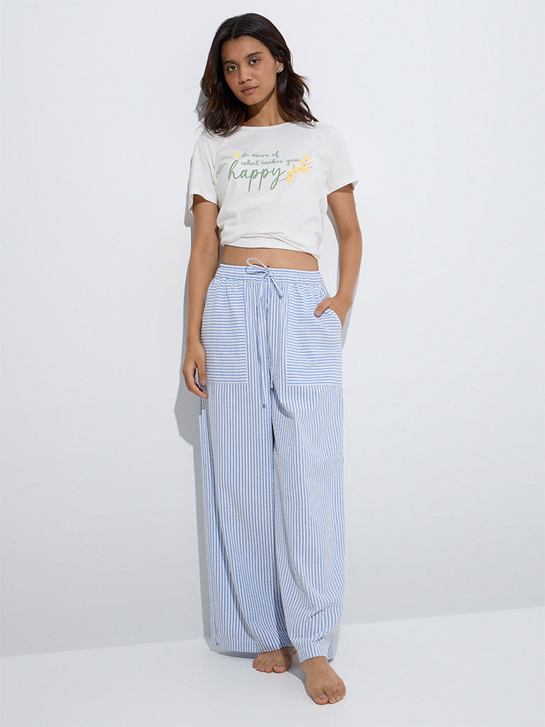 Wunderlove Blue Striped High-Rise Cotton-Blend Lounge Pants