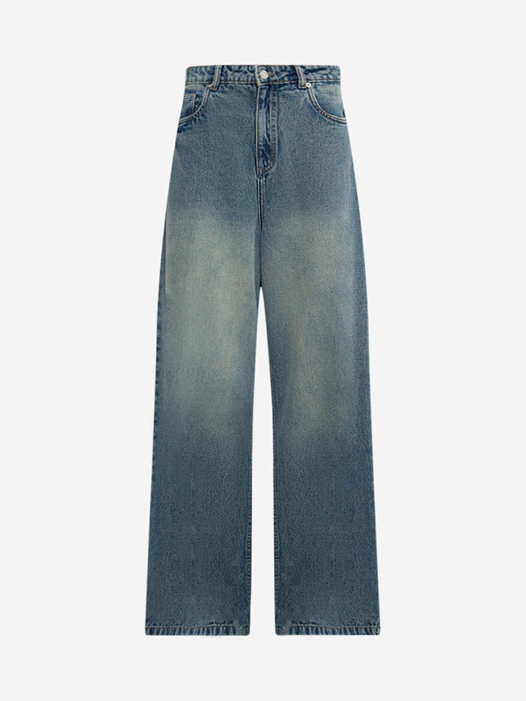 Westside Nuon Women's Blue Washed Relaxed-Fit High-Rise Jeans for Casual Wear Flatly View