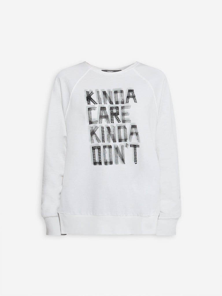 Westside Nuon Women's White Text Design Cotton Sweatshirt for Winter Wear Flatly View